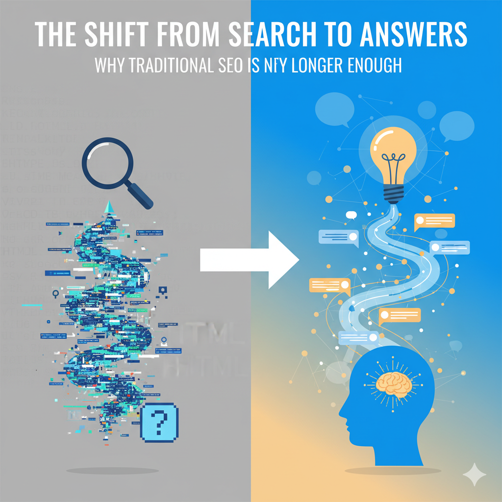 Illustration showing a key unlocking a digital flow of information that represents the shift from search results to direct answers in AI systems.