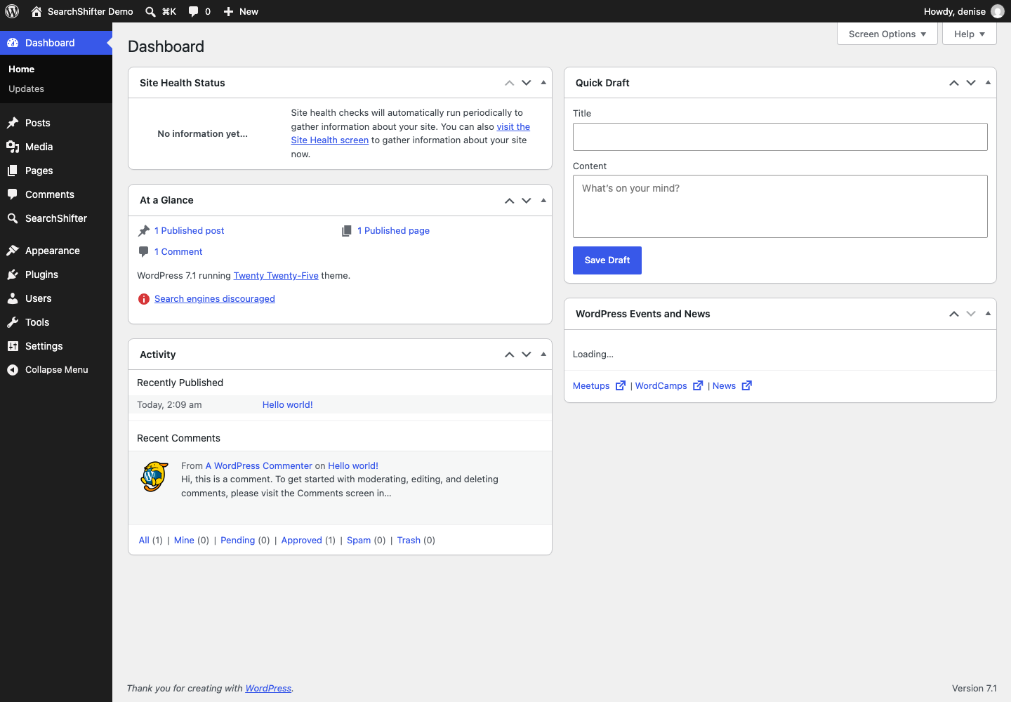 WordPress dashboard showing site health status, quick draft editor, and recent activity with published posts and comments