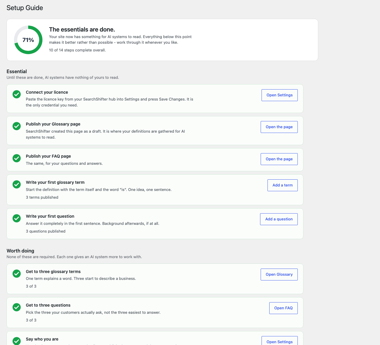 Setup guide showing 71% completion with essential and optional tasks for configuring an AI system, including glossary and FAQ setup steps.