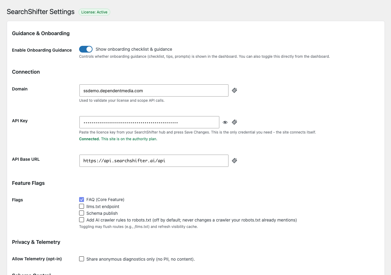 SearchShifter Settings page showing connection configuration with domain, API key, and API base URL fields, plus guidance and onboarding options