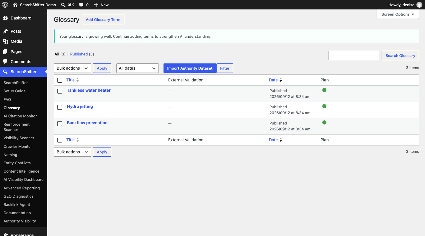 WordPress Glossary page showing list of terms with external validation status and dates