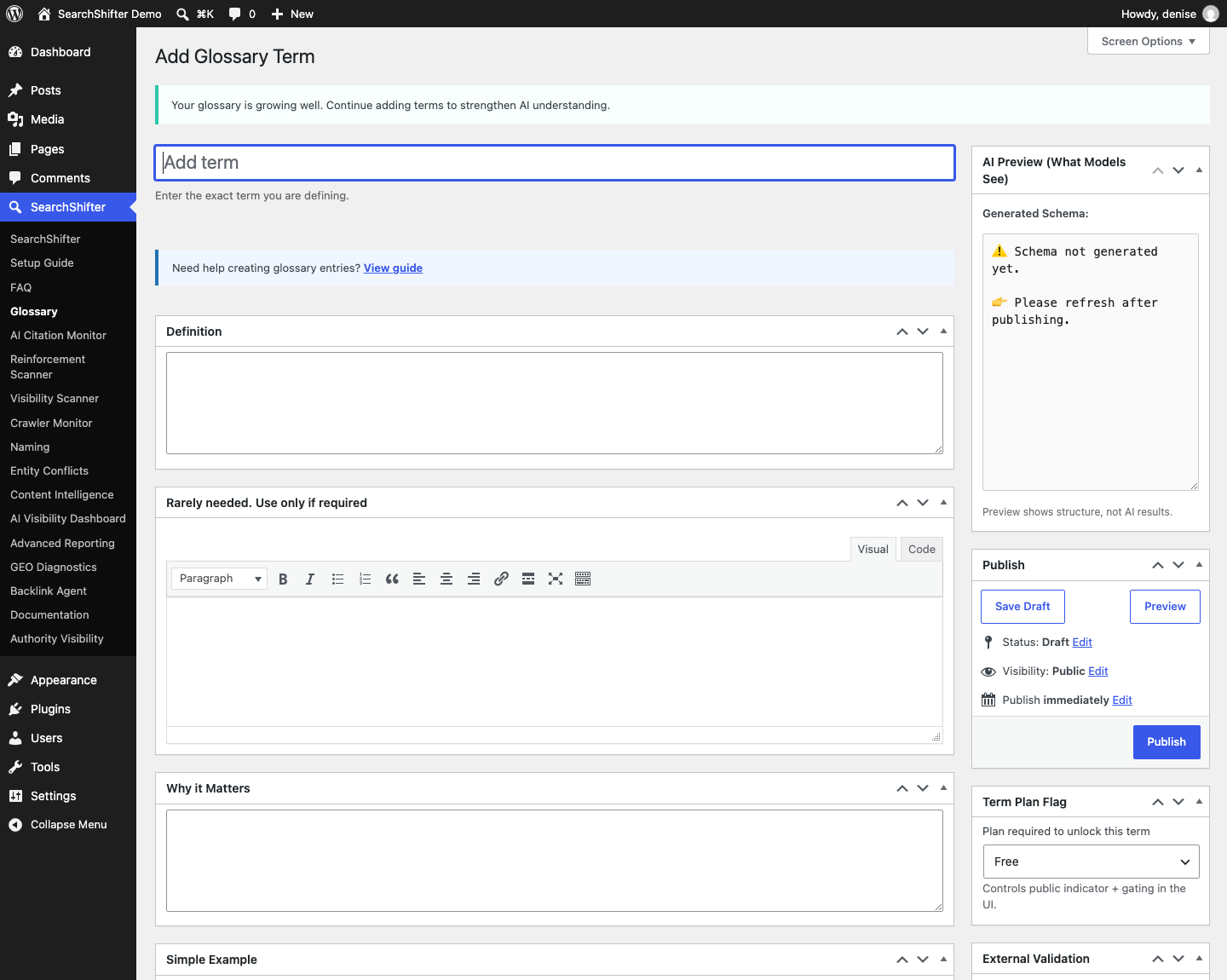 WordPress admin page for adding a glossary term with fields for term name, definition, importance level, and usage context