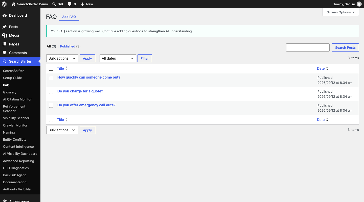 WordPress FAQ section management interface showing published questions with dates and bulk action options