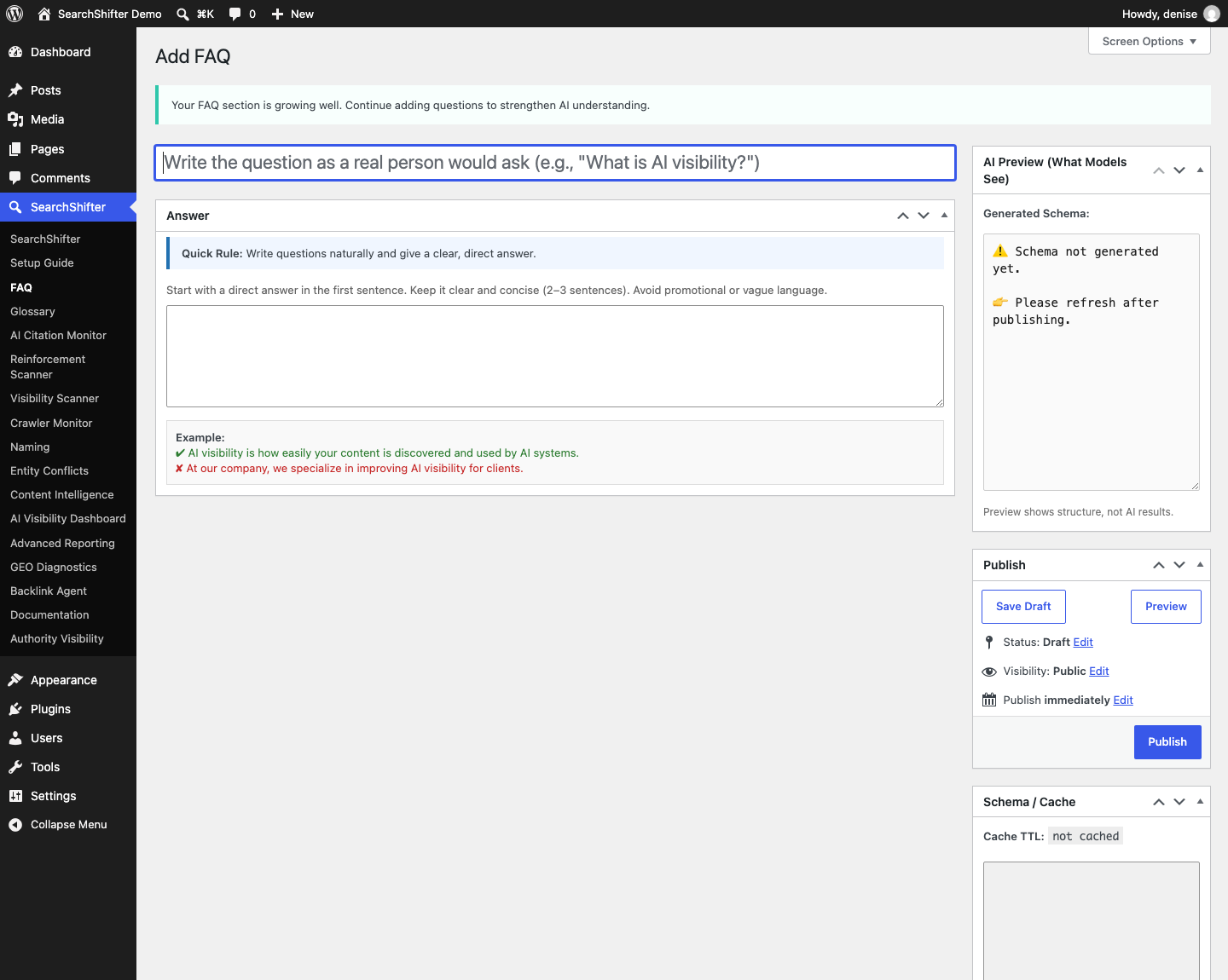 WordPress admin interface showing Add FAQ form with question and answer fields, AI preview panel, and publish options