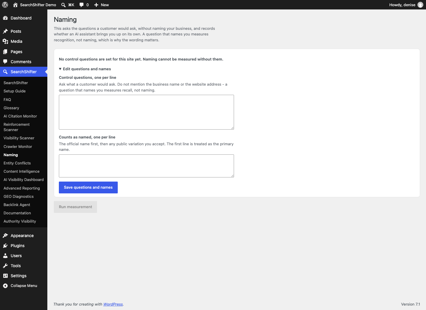 WordPress admin naming settings page with control questions and name fields for business configuration