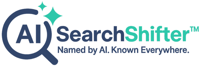 AI SearchShifter logo with blue text and teal star icon, tagline reads Named by AI, Known Everywhere